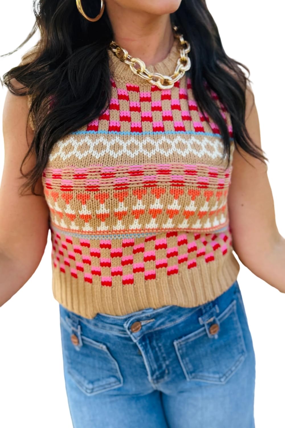 Wolddress Sleeveless Sweaters for Women Khaki Playful Geometry Knit Slim Sweater Tank Top