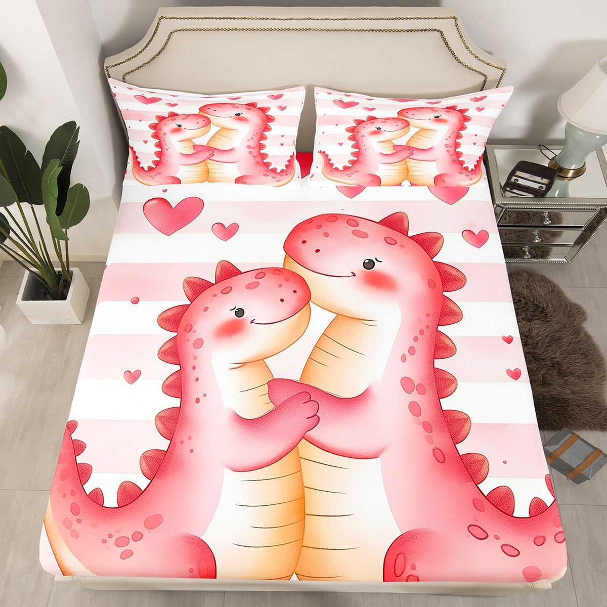 Cartoon Animal Girly Fitted Sheet Queen Size Kawaii Cute Dinosaur Princess Bedding Sheet Set No Top Sheet,Pink Dino Bed Cover Ultra Soft Breathable Bedding 3 Pcs