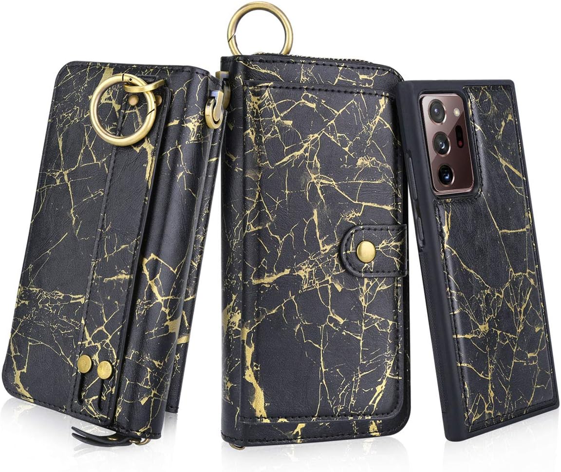 Petocase Compatible Galaxy Note 20 Ultra Wallet Case, Multi-Functional PU Leather Zip Wristlets Clutch Detachable Magnetic Card Purse Protection Cover for Samsung Galaxy Note 20 Ultra Gold Black