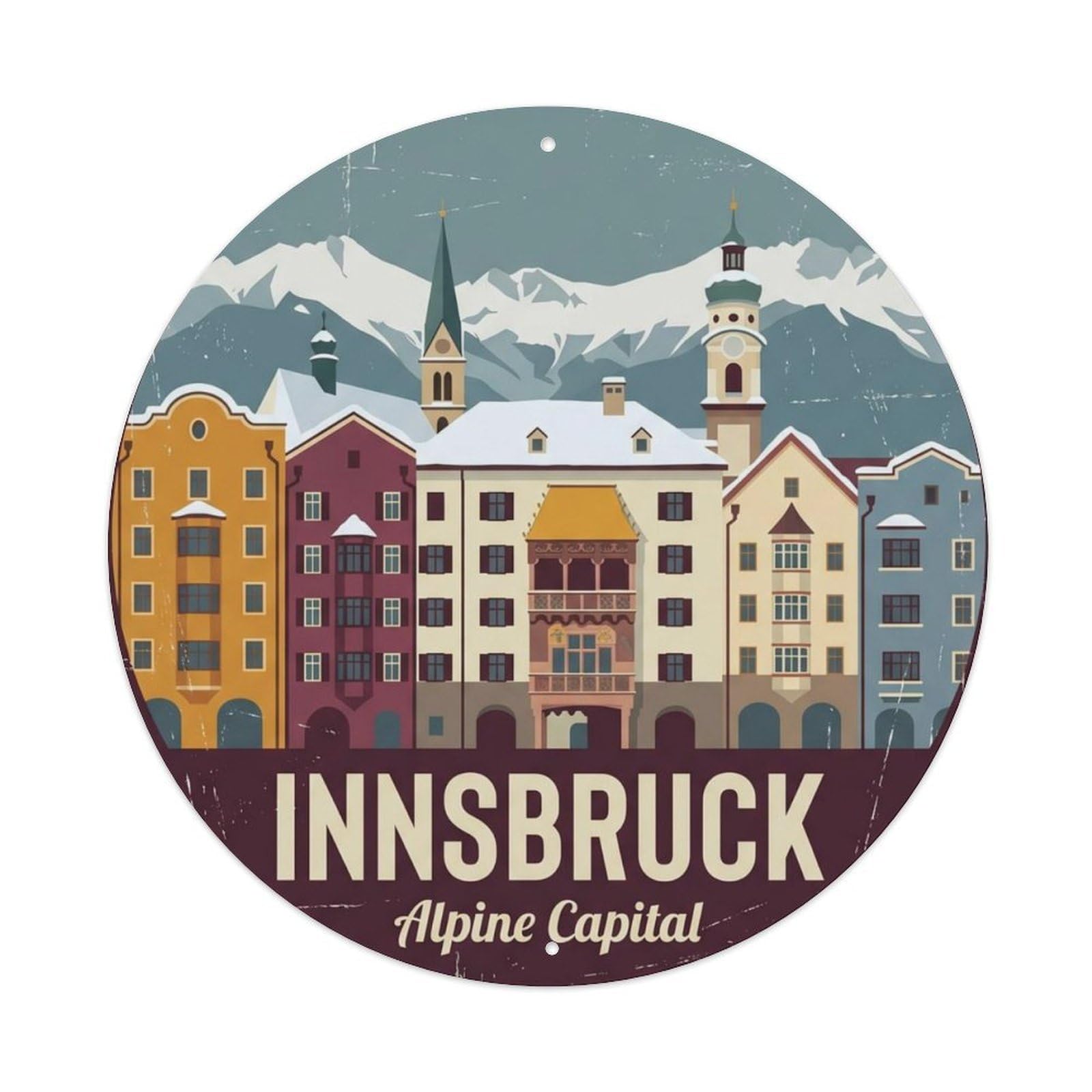 Vintage Travel Innsbruck Austria Capital Metal Tin Sign Plaque Wall Decor for Cafe, Club Bar, Office, Home Garden Round Metal Poster 8x8Inch