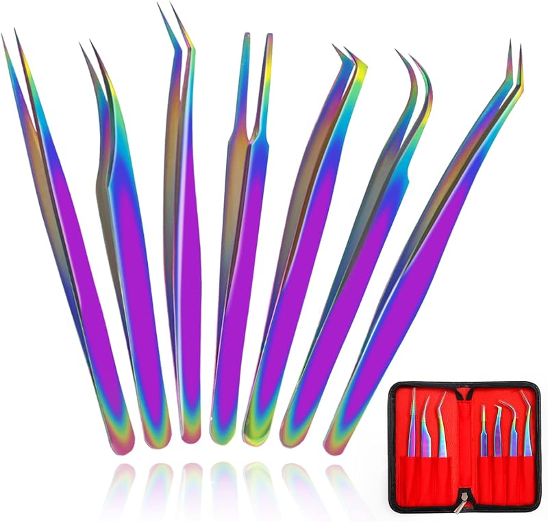 Kit de Pinças para Extensão de Cílios Fangze em Aço Inoxidável, 7 Unidades, Rainbow, Retas e Curvas, com Estojo e Capas de Silicone