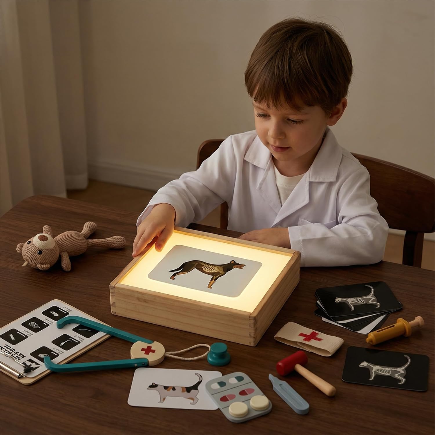 Doctor Kit for Toddlers 3-5, Pet Vet Pretend Play Toys for Kids, with X-Ray, Wooden Light Box, Medical Tools, STEM Educational Montessori Toys