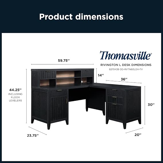 Thomasville Rivington 60 W L-Shaped Corner Desk & Hutch with Integrated Power Outlet, Raven Black