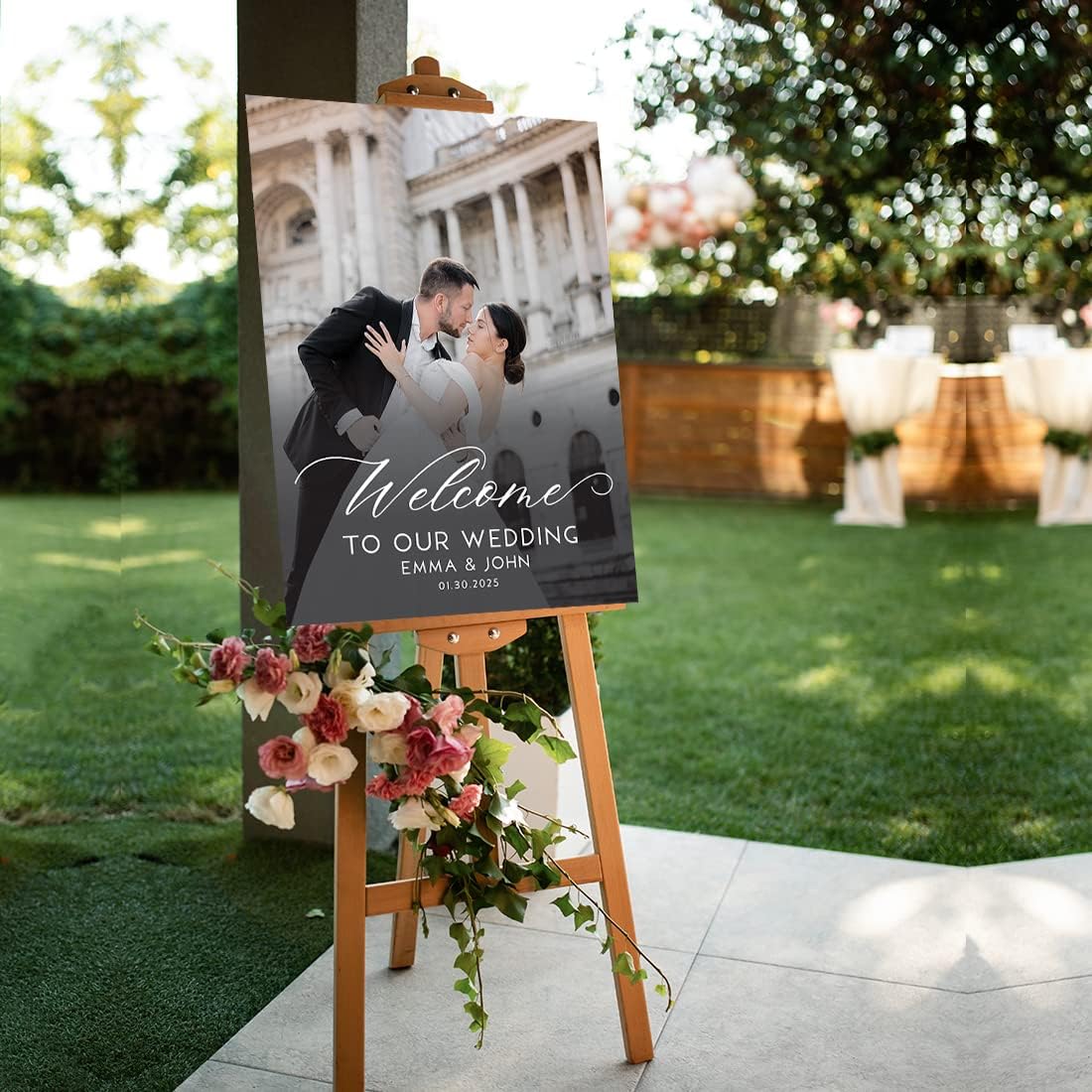 Andaz Press Personalized Welcome To Our Wedding Sign, Romantic 16" x 20" Custom Photo Canvas Wedding Welcome Sign for Reception, Ceremony, Easel Stand