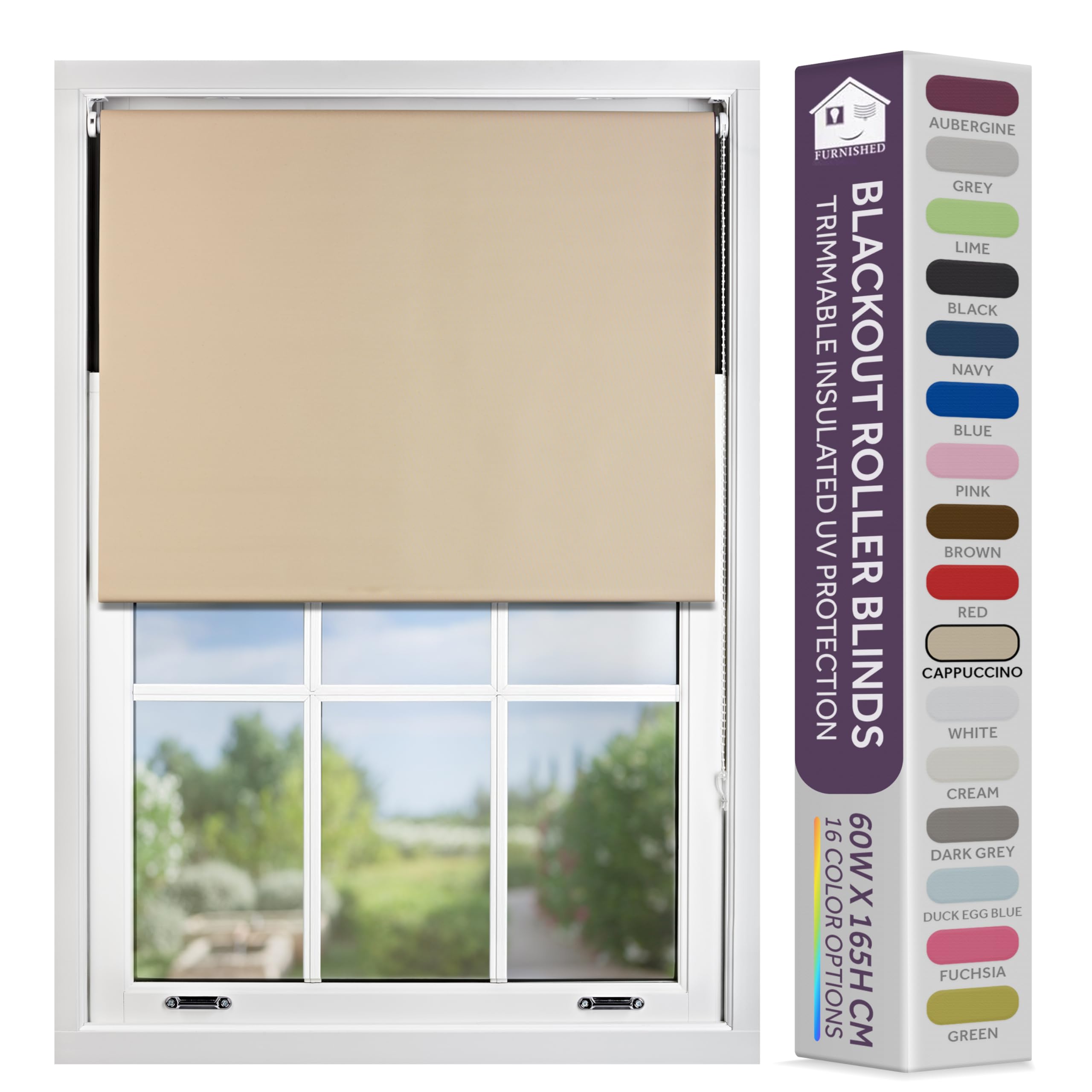 FURNISHED Blackout Roller Blind with Metal Fittings Trimmable Insulated Thermal Fabric Heavy-duty Easy Install Brackets Window Roller Blinds - Cappuccino, 225W x 165H cm