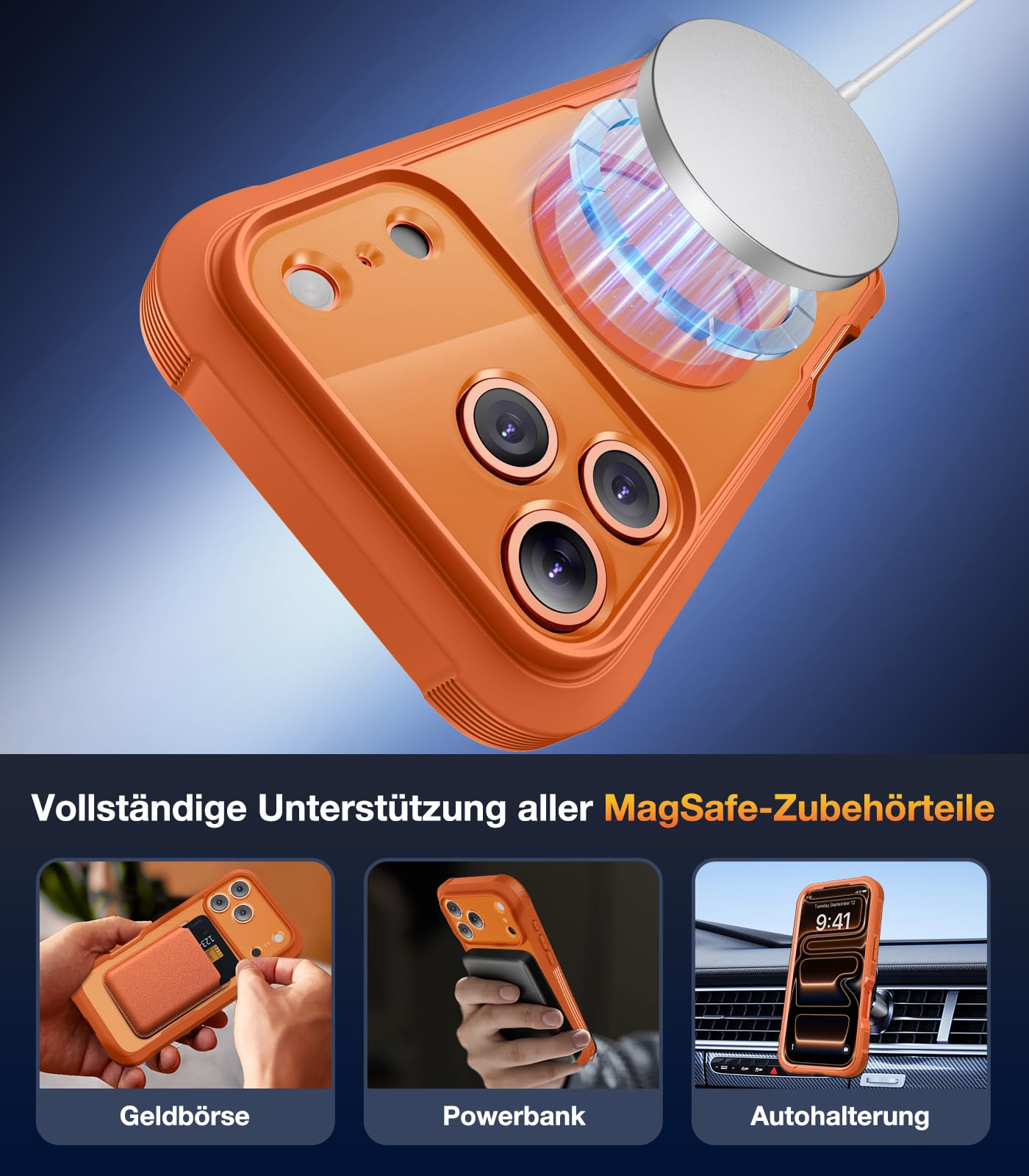Diaclara für iPhone 17 Pro Hülle mit MagSafe, Militärschutz 360 Grad Vollschutz Schutzhülle mit integrierter Displayschutzfolie und Kameraschutz, Handyhülle Case für iPhone 17 Pro 6,3",Orange