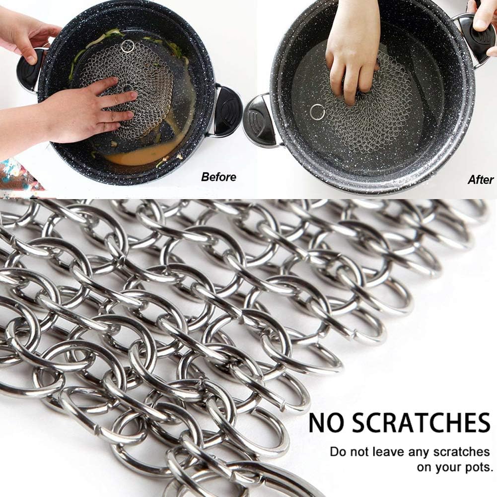 Cast Iron Cleaner, Chainmail Scrubber, Meirenda Chainmail Scrubber 7" x 7" Stainless Steel Chain Skillet Cleaner for Cast Iron Pre-Seasoned Dutch Ovens Waffle Iron Pans (7"x7" Square)