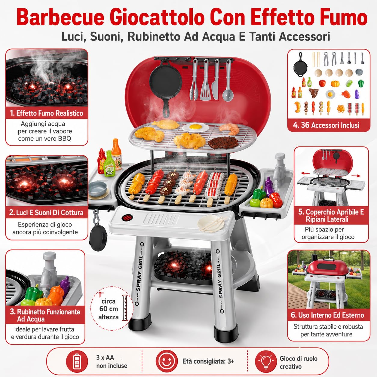 Barbecue Giocattolo Grill con Effetto Fumo Luci Suoni Realistici di Cottura Rubinetto Funzionante ad Acqua Griglia BBQ Barbeque da Cucina con Fumo Grill per Bambini con Accessori Cibo da Grigliare (A)