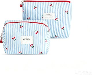 2-Pack Cute Quilted Makeup Bag, Large-Capacity Portable Cosmetic Organizer for Women, Travel Toiletry Bag, Makeup Pouch, Travel Essentials (Blue Cherry)