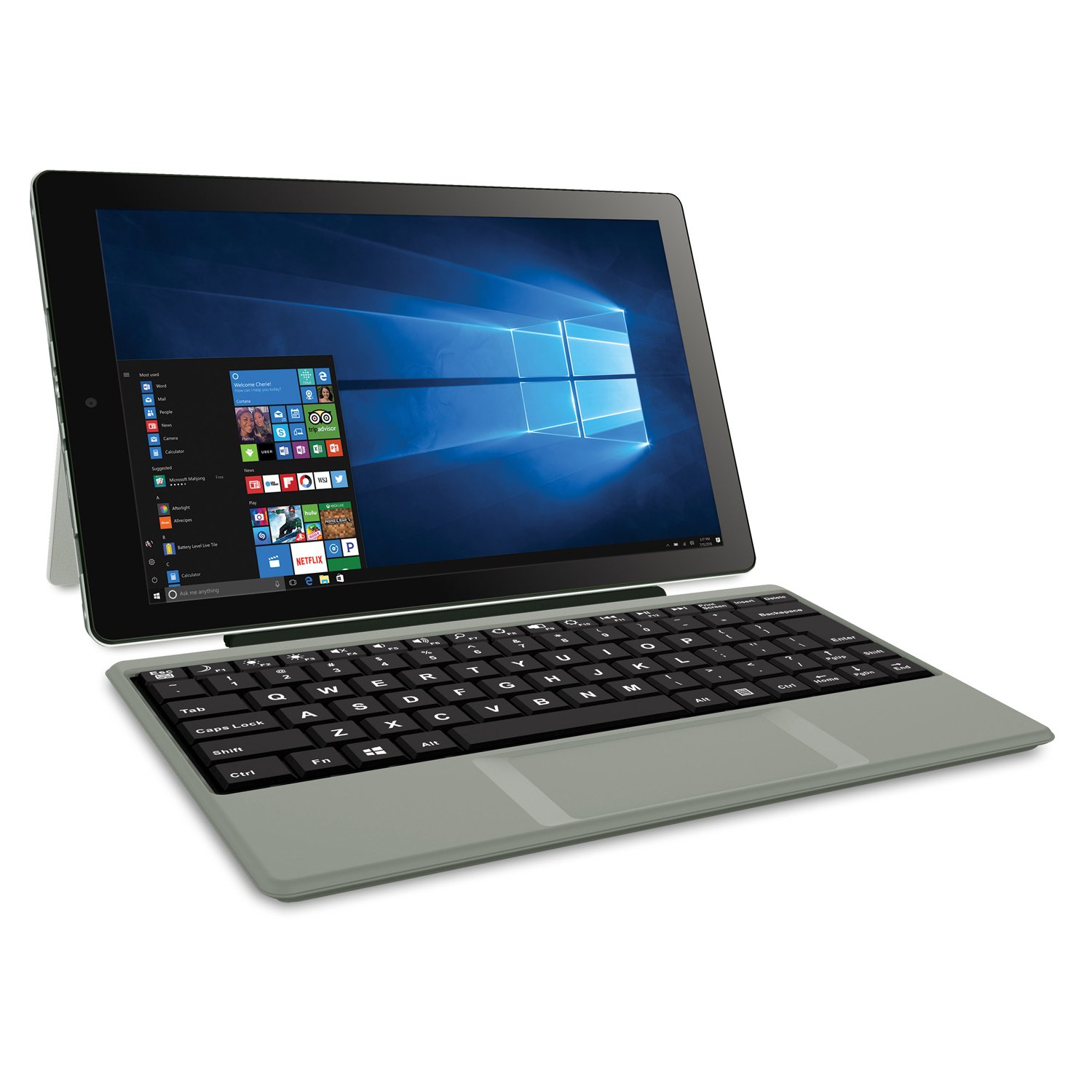 RCA Cambio 10.1 inch Windows Tablet with detachable keyboard, displaying Windows 10 desktop