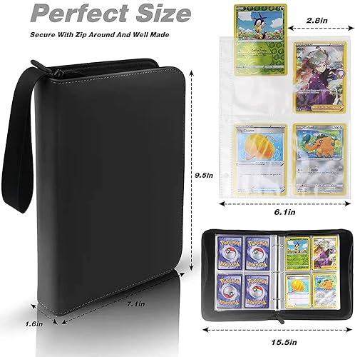 Miniatura 5 de Carpeta de tarjetas coleccionables de 4 bolsillos, 400 bolsillos para tarjetas de Pokémon con cremallera, 50 fundas compatible con tarjetas