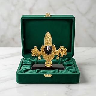 24K Gold Plated Lord Venkateswara Swamy Idol Auspicious Tirupati Balaji Murti for Home Temple Decor Sacred Pooja Room Statue with Wooden Base & Black Face Spiritual Showpiece.