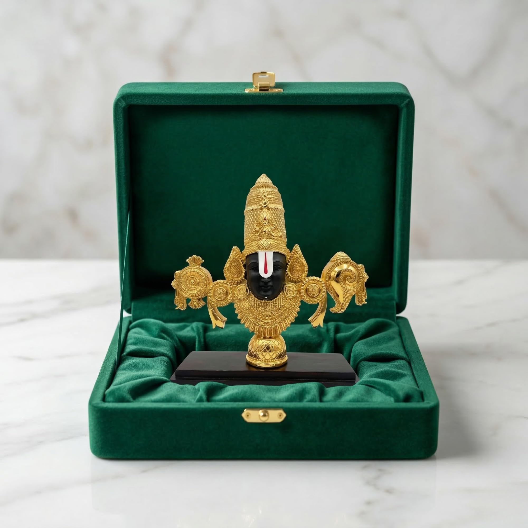 Dev Aastha 24K Gold Plated Lord Venkateswara Swamy Idol | Auspicious Tirupati Balaji Murti for Home Temple Decor | Sacred Pooja Room Statue with Wooden Base & Black Face | Spiritual Showpiece.