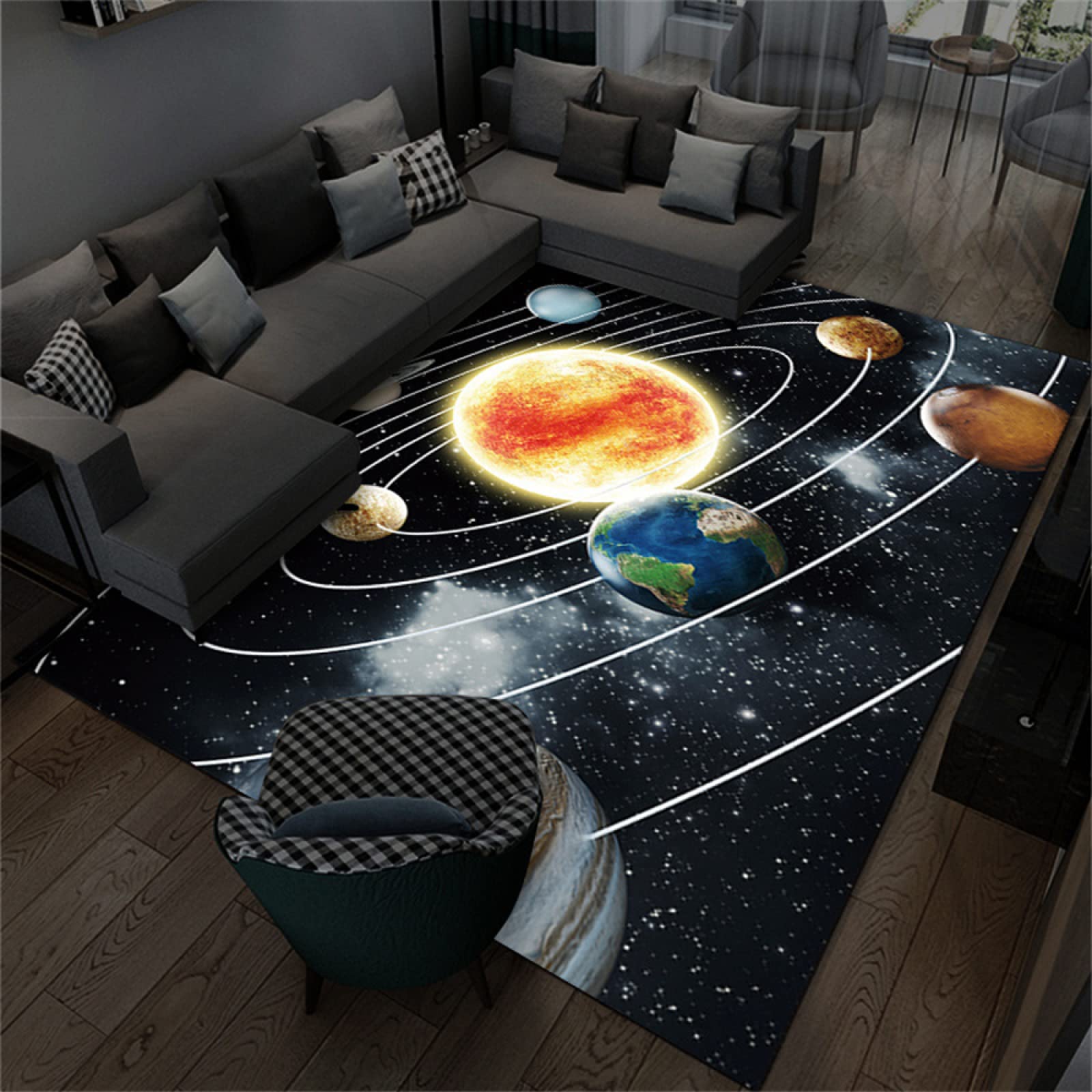 Tapis vision 3D univers planète noir 100x160cm pour salon et décoration intérieure