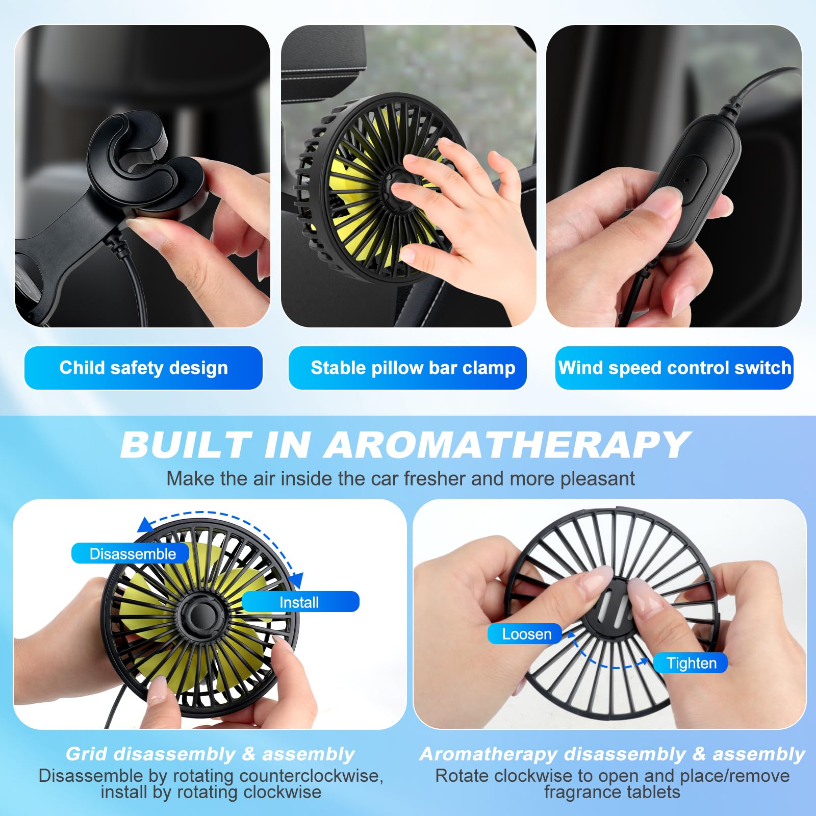 Foreverup 12 V Ventilateur de Voiture, Ventilateur de siège arrière pour 3 Vitesses Réglables, Ventilateur USB pour Voiture Avec cinq pales de ventilateur，Silencieux pour SUV RV Bateau, Noir