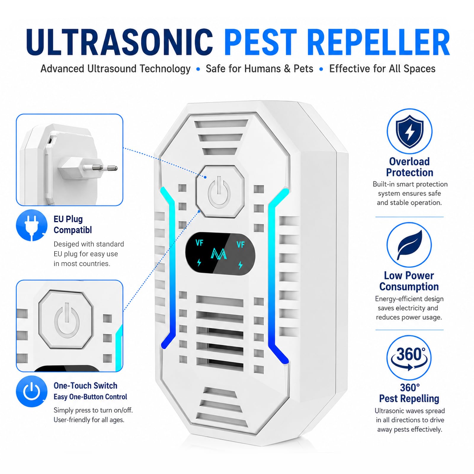 Antizanzare Ultrasuoni 4 Pezzi, Fancysky Repellente Zanzare Elettrico, Dispositivo Antizanzare da Interno, Anti Mosche per Casa Ufficio Cucina, Ultrasuoni per Topi e Insetti