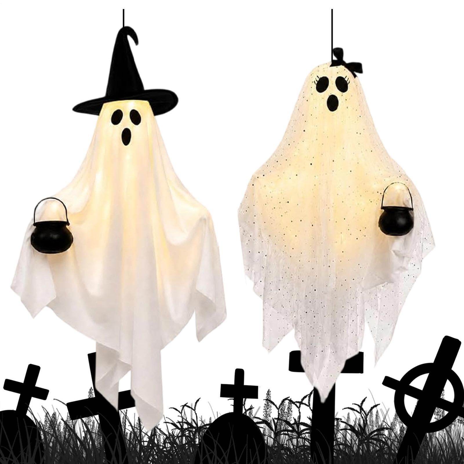 Decorazioni Halloween Per Esterni Decorazione Sicura Cappello da 2 Pezzi | Decorazione Fantasmi Oscillanti Halloween per Patio Casa Prato Sentiero Paesaggio