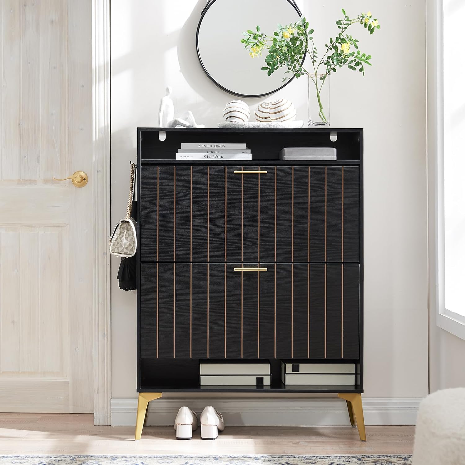Narrow Shoe Storage Cabinet with 2 Flip Drawers Wooden Shoe Organizer Cabinet with Open Shelf Freestanding Shoe Storage Rack with Door for Entryway Hallway Mudroom Bedroom Black, CJLUS45A