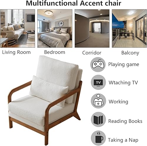 Miniatura 7 de Hison Silla moderna de mediados de siglo, moderna silla decorativa de terciopelo con marco de madera, cómoda silla de lectura para sala de estar