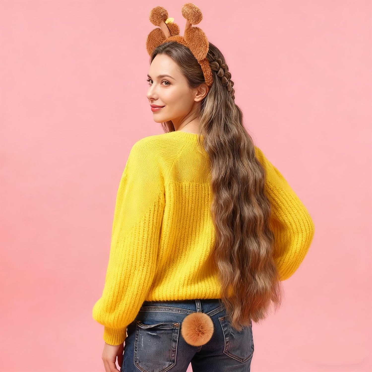 Bear Ears Headband and Tail Set Halloween Bear Bee Animal Costume Cute Plush Honey Ears Head Band Tail for Adults Cosplay Party Headwear Accessories - Image 4