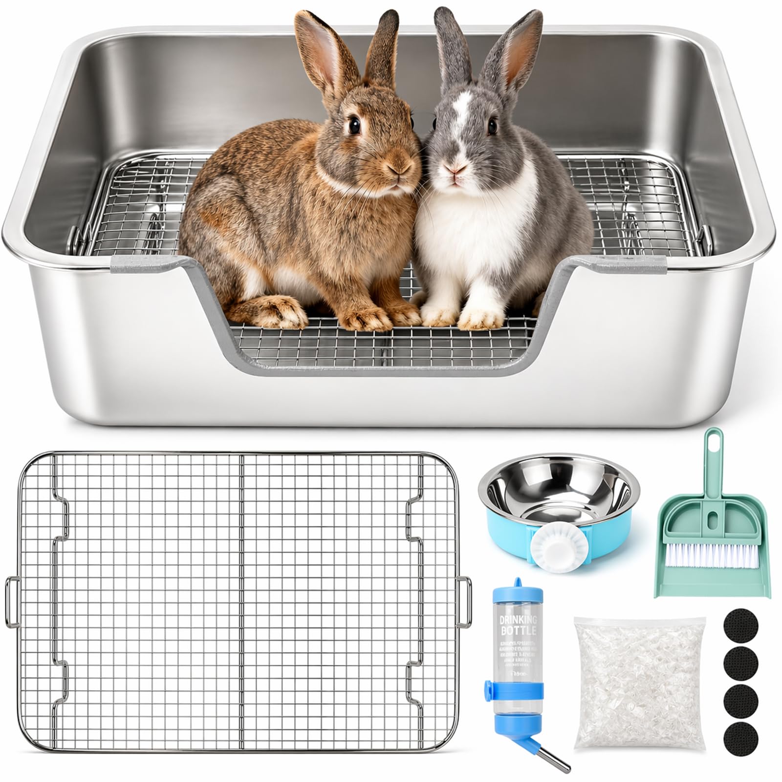 Rypet Large Rabbit Litter Box, Bunny Litter Box High Side with 304 Stainless Steel Sifting Tray, Metal Small Animal Litter Pan with Pet Food Bowl and Water Bottle, Non-Slip Easy to Clean Odor Control