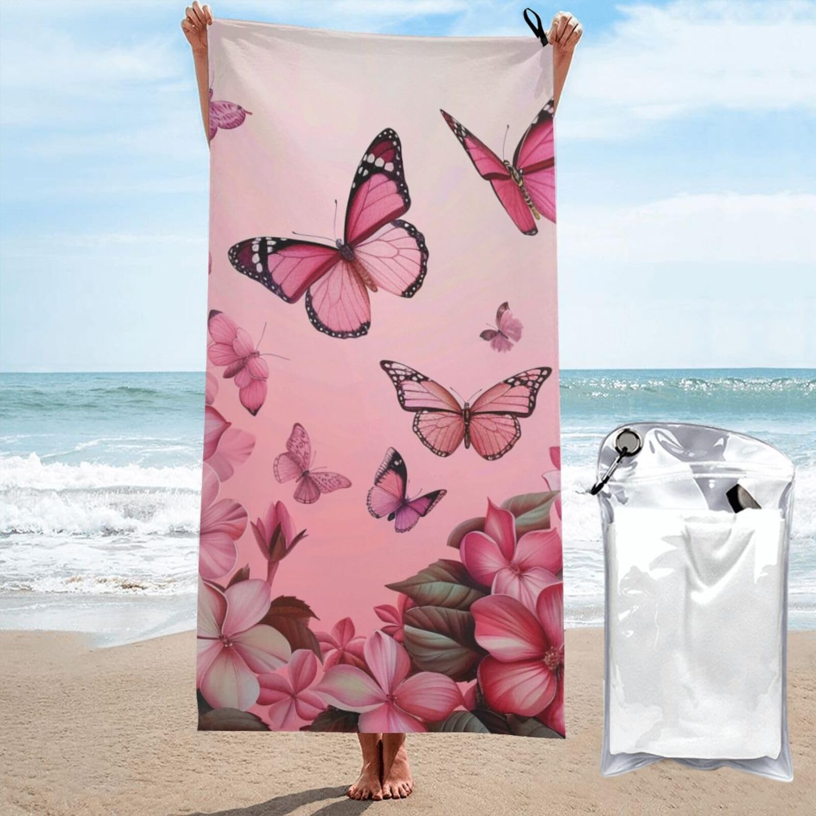 kkvhhyuo Microfiber Beach Towel, Butterflies Printed Lightweight Quick Dry Travel Bath Sheet with Compact Carry Bag for Swimming Yoga Camping Gym,27.5"x55"