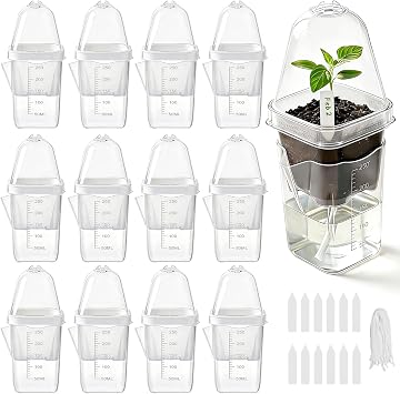12 Pack 2.5 Inch Small Self Watering Propagation Pots with Humidity Dome, Clear Plastic Seed Starter Cups with Plant Labels for Seedlings, Plant Cuttings, Succulents, Herbs, Vegetables