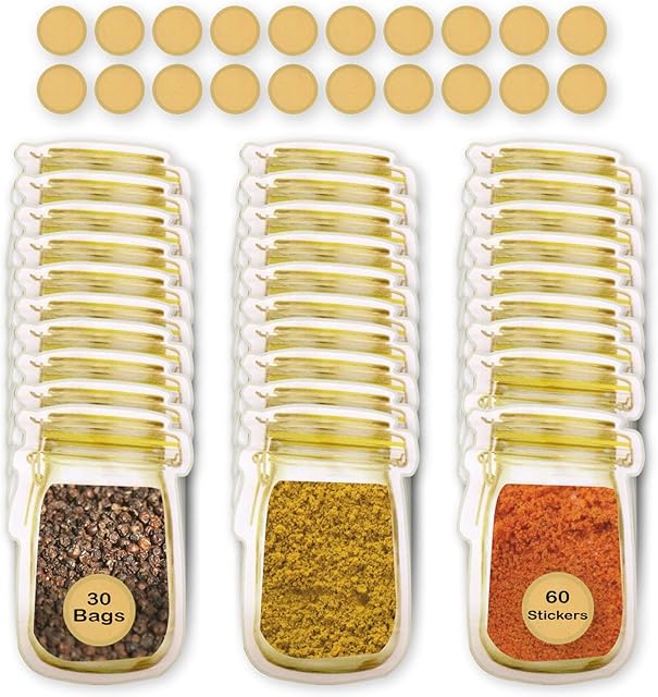 [30 Bags + 60 Labels] - Welhore Fashion Small Reusable Bags Type Mason Jar - Hermetic Bag Container For Food, Snacks, Spices - Transparent Center And Yellow Label | Storage Bags For Travel Or Cupboard