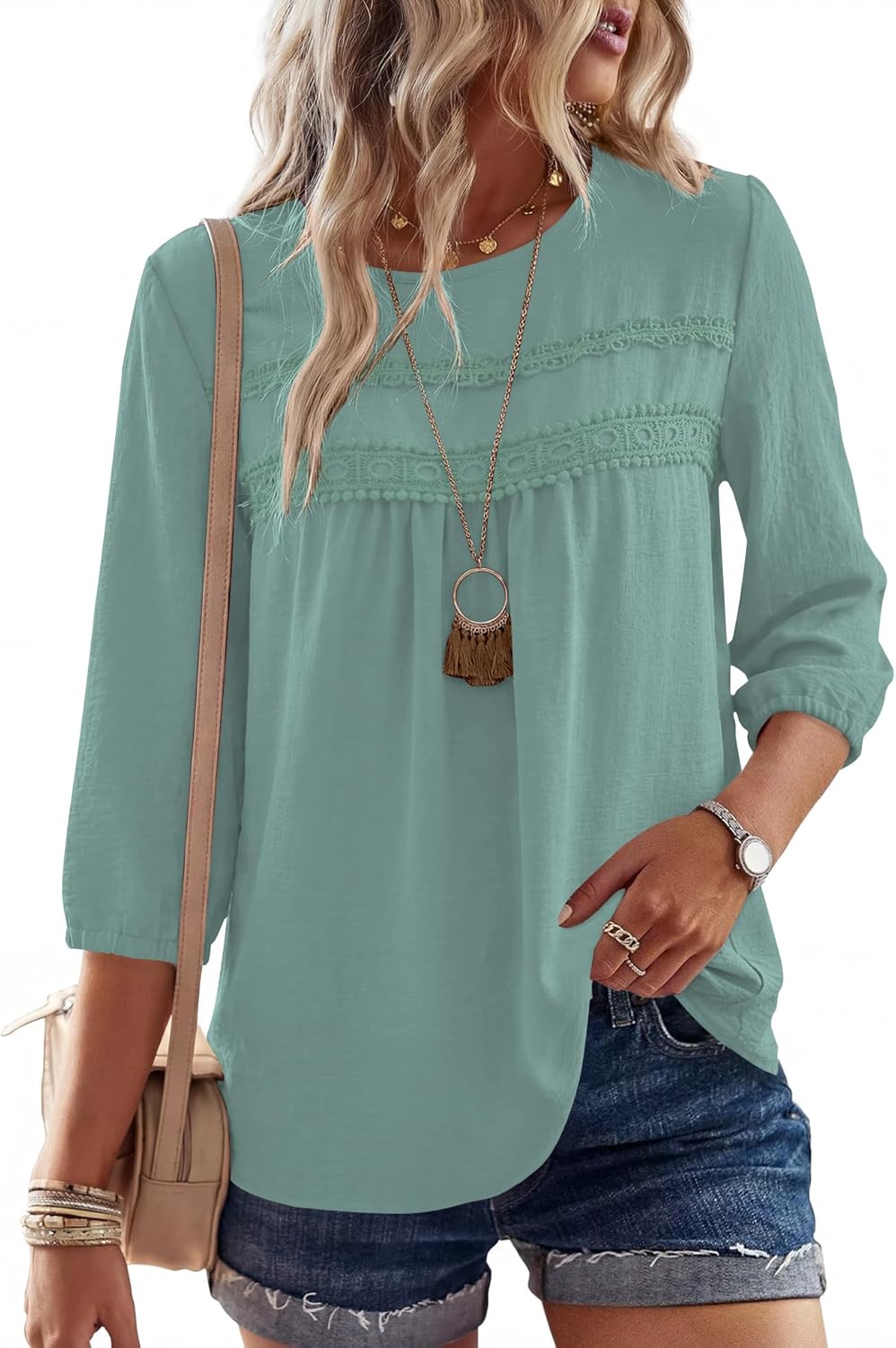 Ivicoer 3/4 Length Sleeve Womens Tops Crewneck Dressy Casual Chiffon Blouses Flowy Lace Boho Clothing Trendy 2026 - Image 2