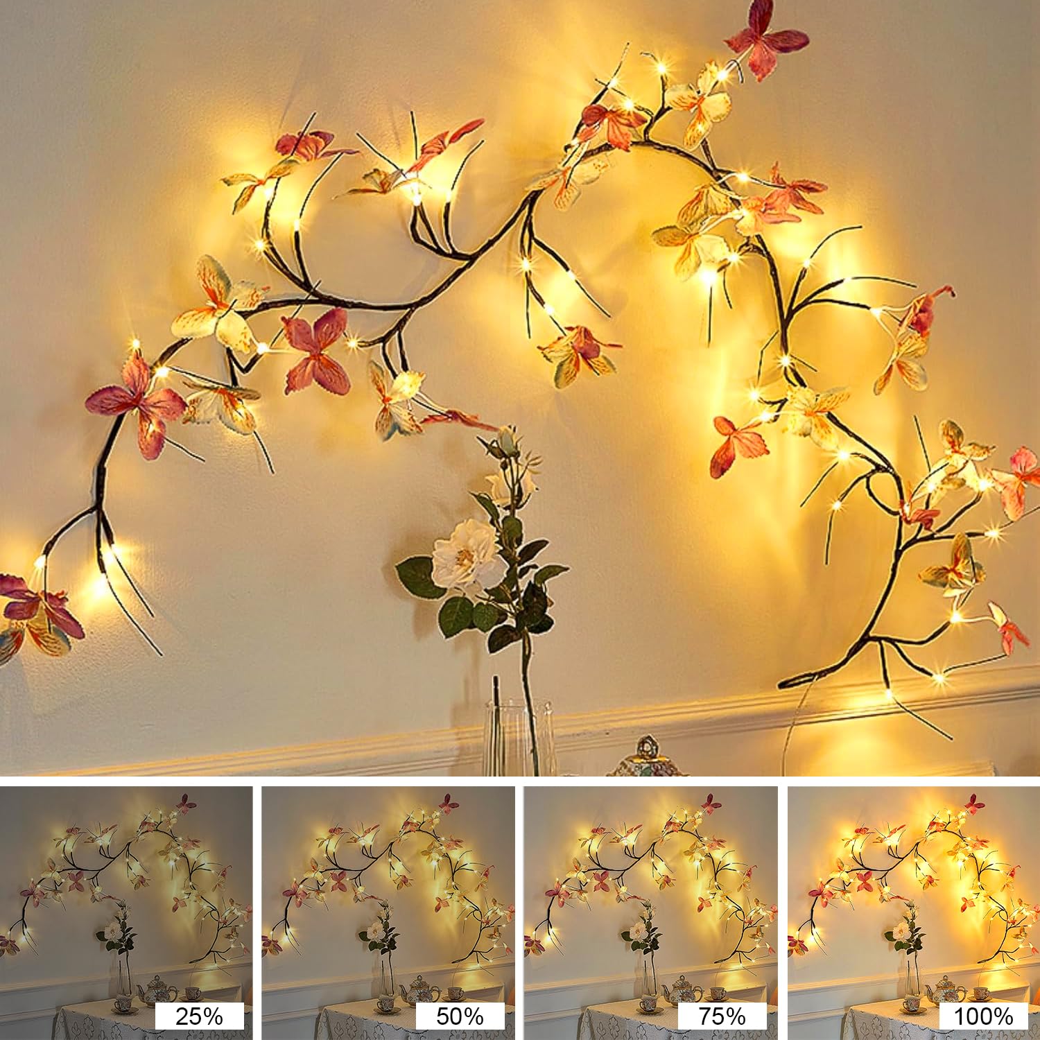 Gresoinc 230 cm 144 LED Schmetterling Blüte Baum Zweige Lichter für Wand, USB-betrieben, 8 Modi, warmweiße Lichterkette mit Fernbedienung, Timer, dimmbar, flexibel, Weidenranke, Blumenmuster