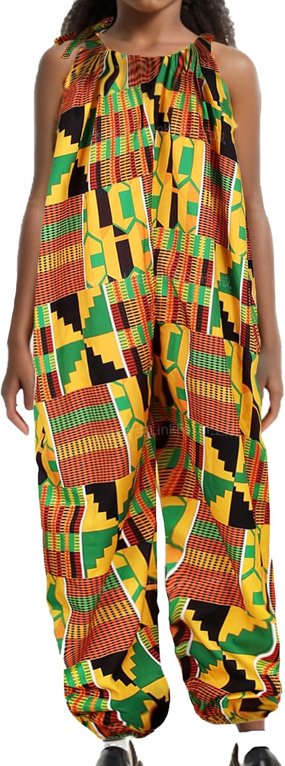 Little Girl’s African Boho Print Jumsuits Bohemian Outfits with Adjustable Shoulder Strap for Toddler 5-10T