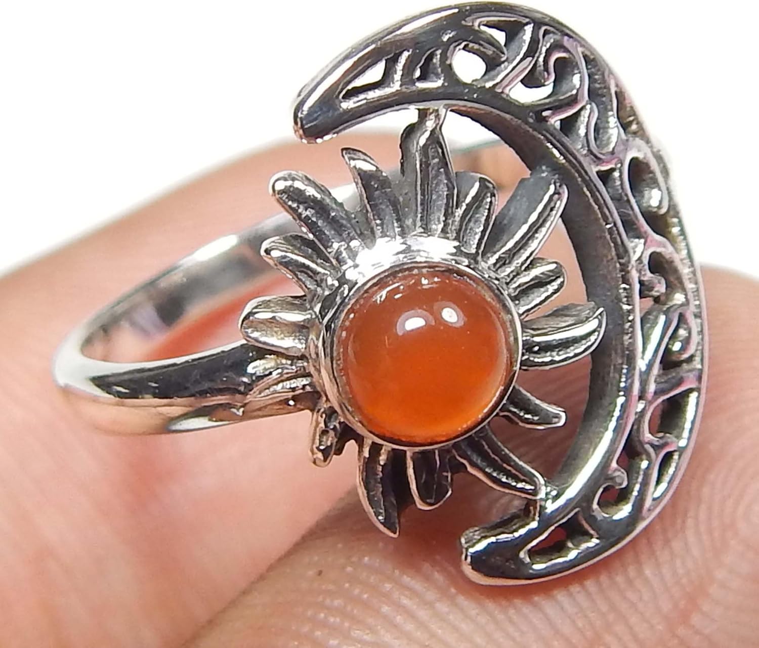 Crescent Moon And Sun Carnelian Round 925 Sterling Silver Carnelian Ring Jewelry for Good Luck Promise Ring Vintage Ring Birthday Gift Gift For Her - Image 3