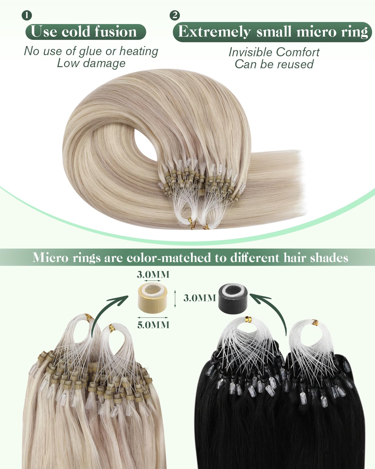 Ugeat Przedłużanie Włosów Mikro Link, Włosy Ludzkie, Pasemka Popielaty Blond, 50 cm 50 sztuk 50g, Przedłużanie Włosów Mikro Koralik Popielaty Blond, Remy Proste