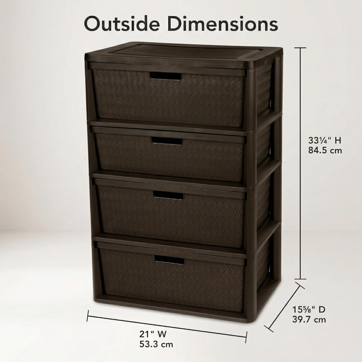Wide 4-Drawer Plastic Storage Tower, Decorative Cross-Weave Dresser Organizer Enhance Your Space with Woven Elegance, Brown