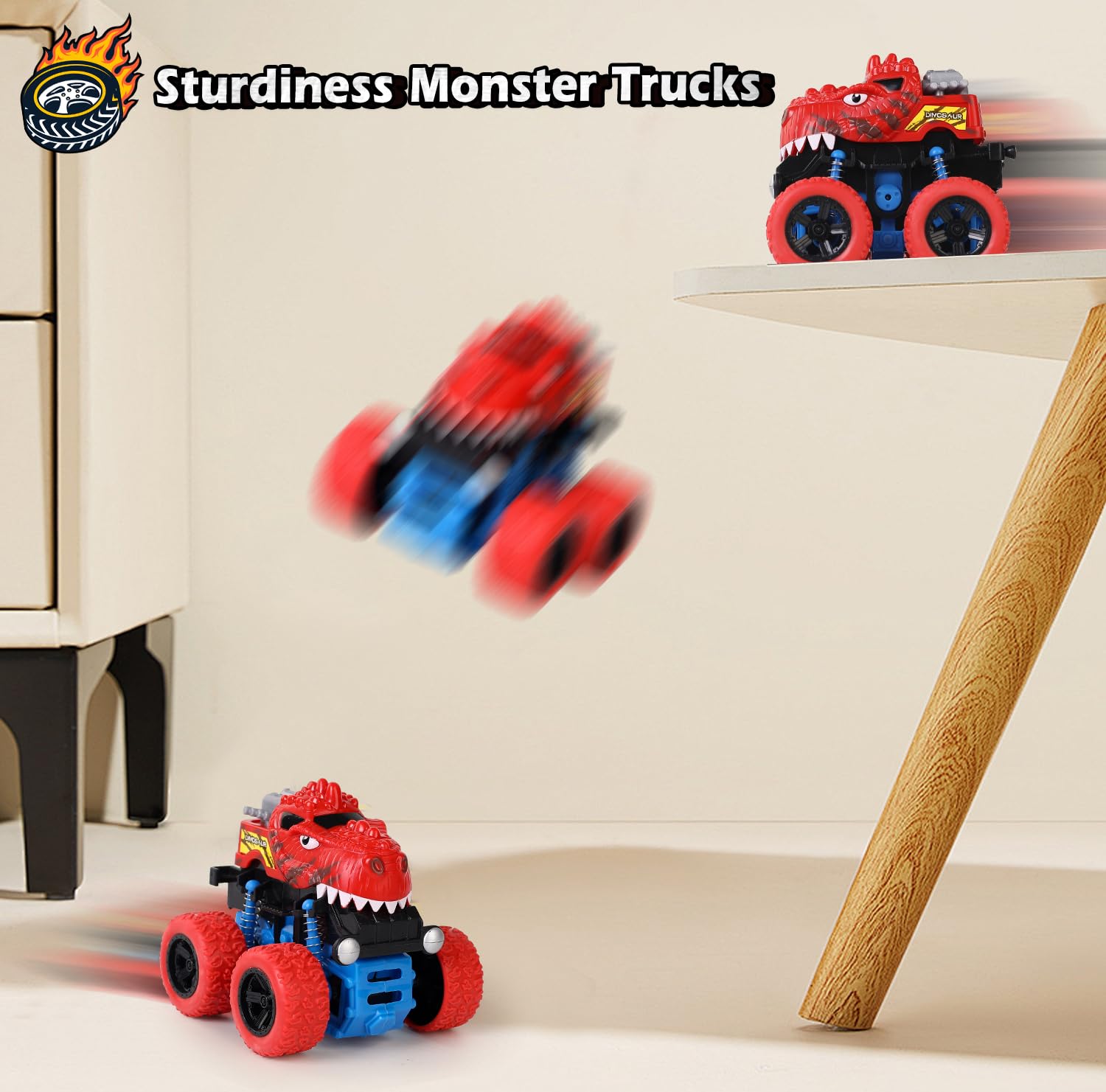 Juguetes de dinosaurio para niños de 3, 4 y 5 años, camiones monstruos para niños de 3 a 4 a 5 años, 4 ruedas de tracción duraderos, autos de fricción alimentados para niños de 3 a 5 años, regalos de 6