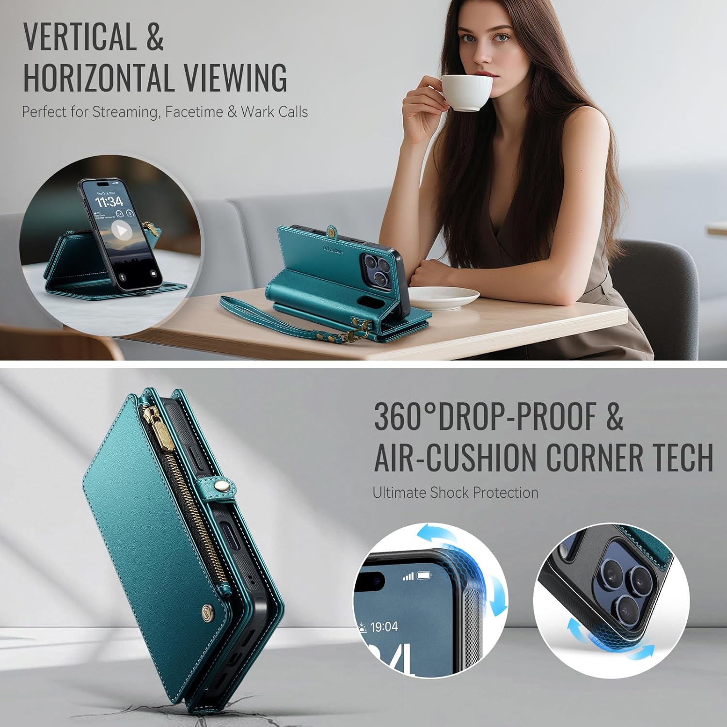 Defencase for iPhone 17 Pro Max Magnetic Wallet Case Compatible with Magsafe with RFID Blocking Zipper Card Holder for Women Men PU Leather Strap Detachable Case for iPhone 17 Pro Max 6.9", Blue Green