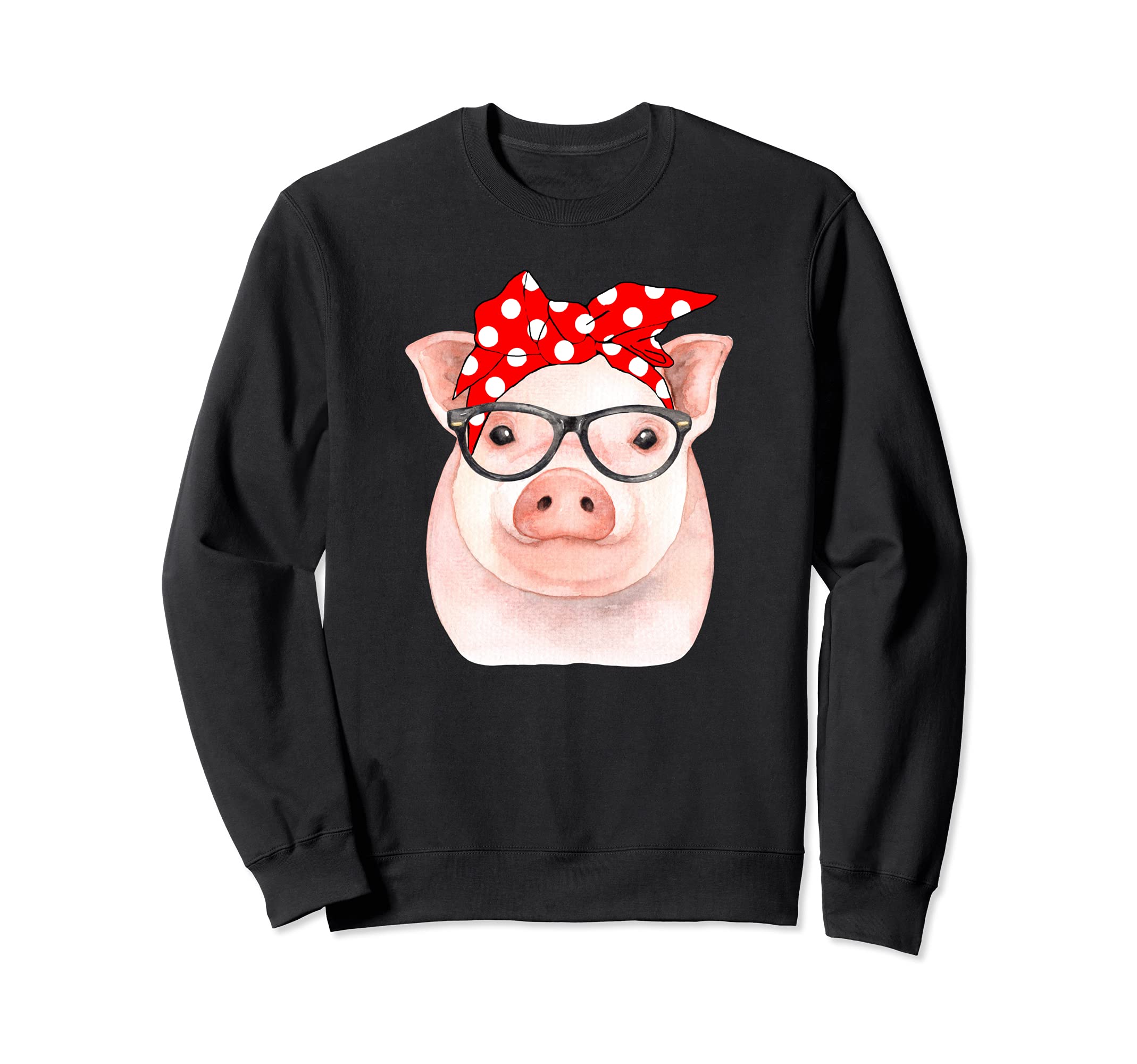 Watercolor Pig With Nerd Glasses Red Polka Dot Headband Sweatshirt, Black