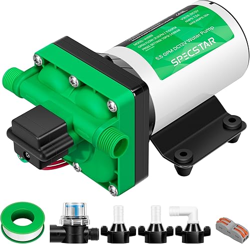 SPECSTAR Bomba de agua dulce serie 42, 12 V CC 5.5 GPM 70 PSI bomba de agua de diafragma autocebante incluye adaptadores de manguera de jardín de 12