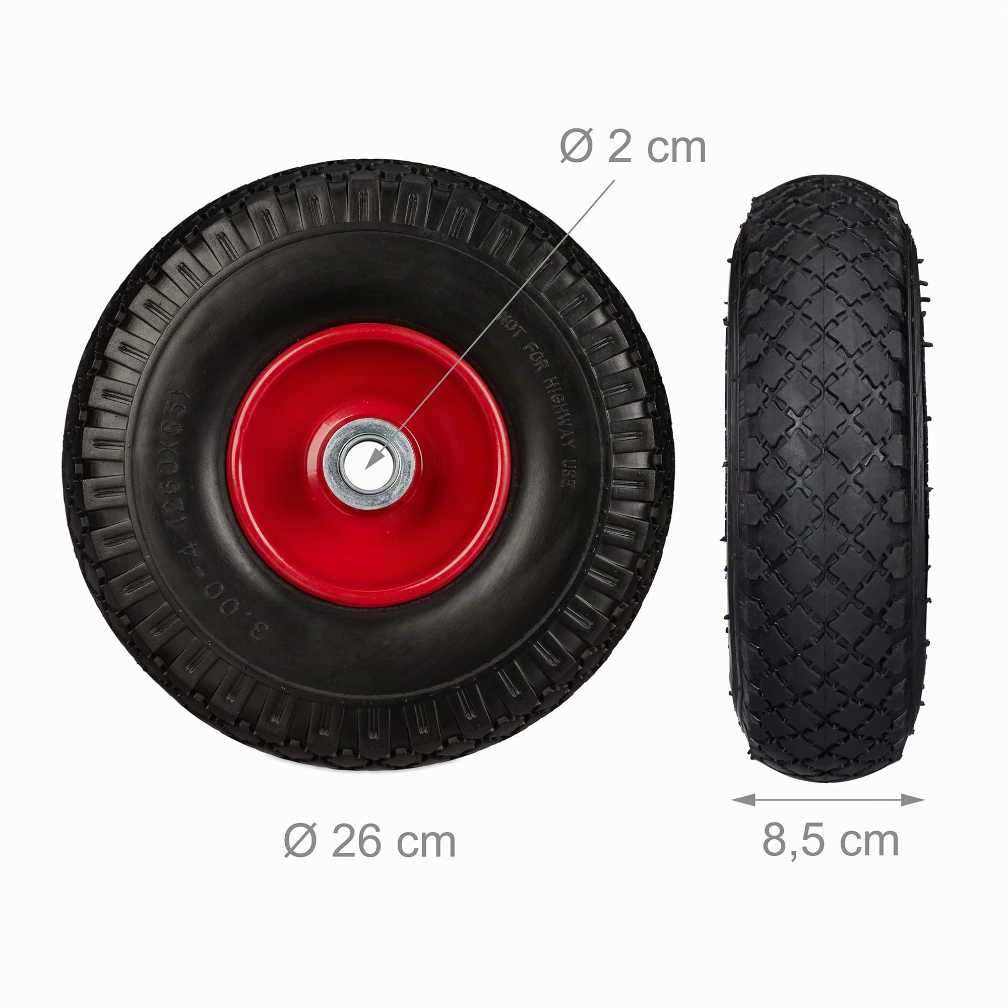 4x Ruote per Carrello Standard, in Gomma Antipanne, 3.00-4", Asse 20mm, max.100 kg, 260x85 mm, Nero Rosso