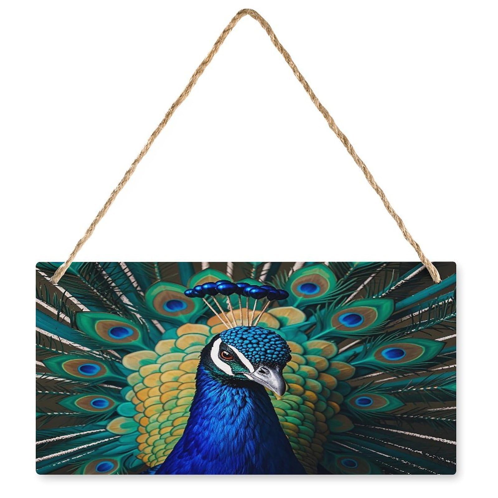 Placa rectangular de madera con diseño de pavo real azul para colgar