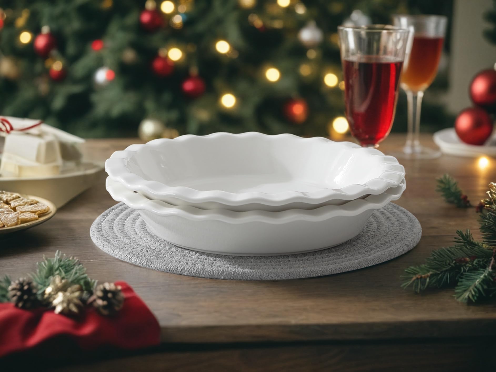 MALACASA Set di 2 Stampi per Torte in Porcellana, 1050 ml, Ø 27 cm x 4,5 cm, Teglie e Piatti da Forno con Bordo Ondulato per Crostate, Quiche, Pizza e Dessert, Bianco, Adatto a Forno e Lavastoviglie