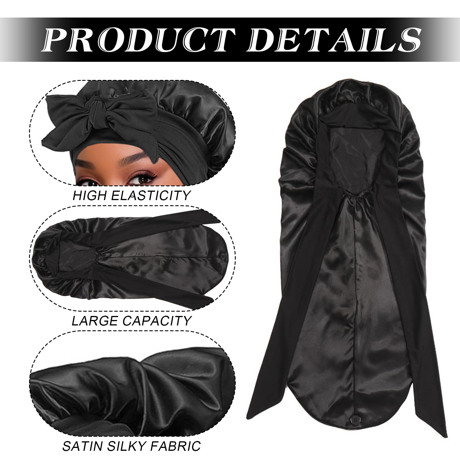 Mtbricey Satin Bonnet Extra Long Silk Sleep Bonnets for Women Adjustable Satin Night Sleeping Cap with Elastic Band Silk Hair Cap for Sleeping Hair Bonnet for Long Curly Hair Braid (Black - Image 3