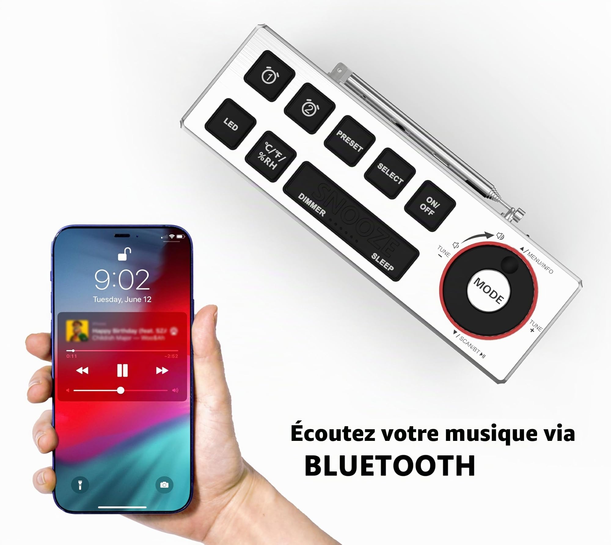 Radio-réveil DAB+ et FM avec Bluetooth, 40 préréglages, écouteurs, double réveil avec répétition et minuterie de sommeil, deux ports de charge, intensité variable, affichage de la température et de