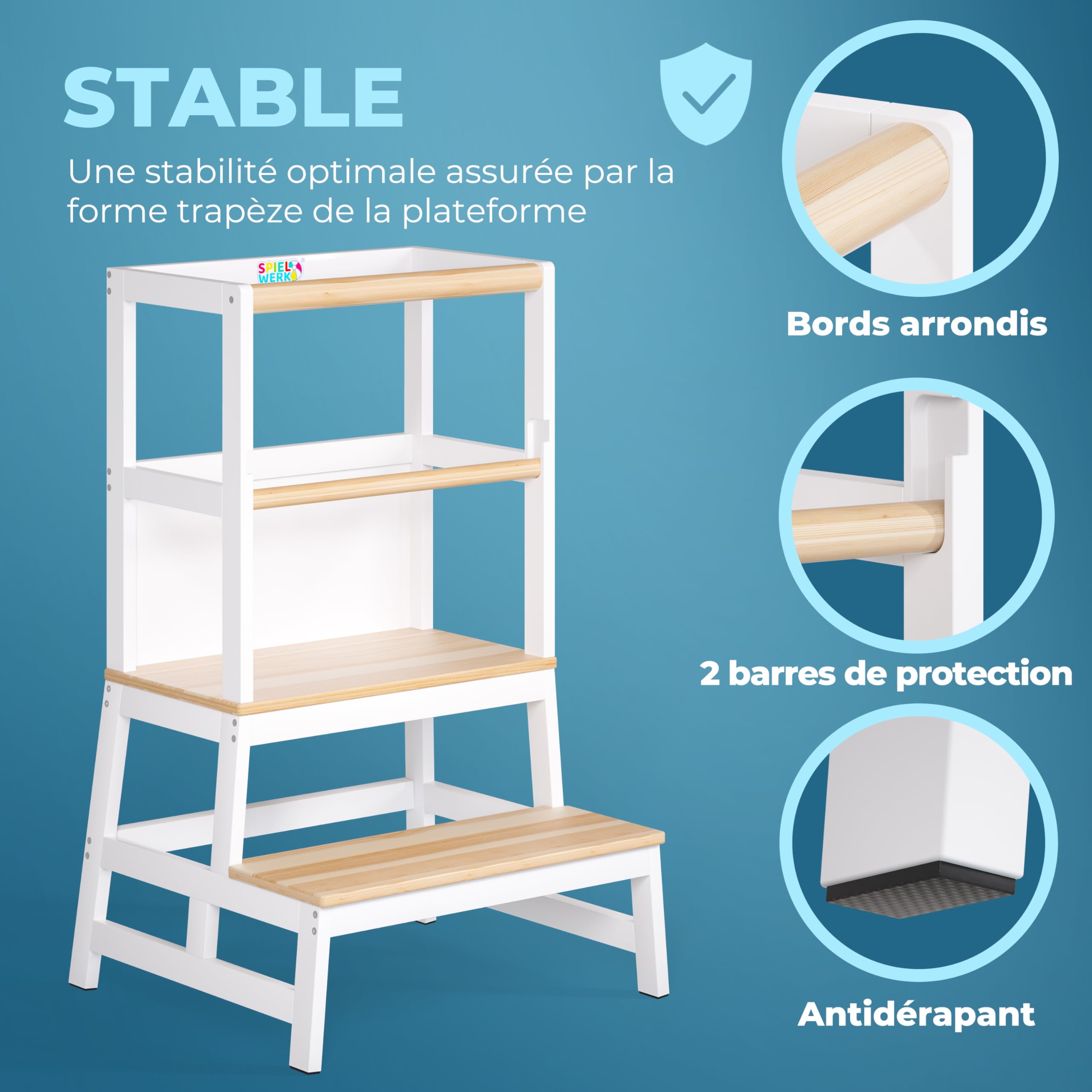 Spielwerk® Tour d'Observation Montessori en Bois pour Enfant, Stable et Sécurisée, Hauteur 93cm - Tour d'apprentissage avec Tableau noir, Marchepied Bois de Pin Blanc - Dès 2 ans