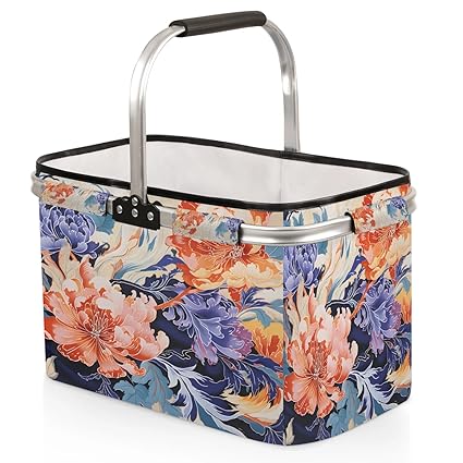 Kizmoglux Colorful Floral Patterns Collapsible Market Basket, Foldable Picnic Basket - Large Shopping Basket with Handles, Portable Folding Bag for Shopping Camping Picnic