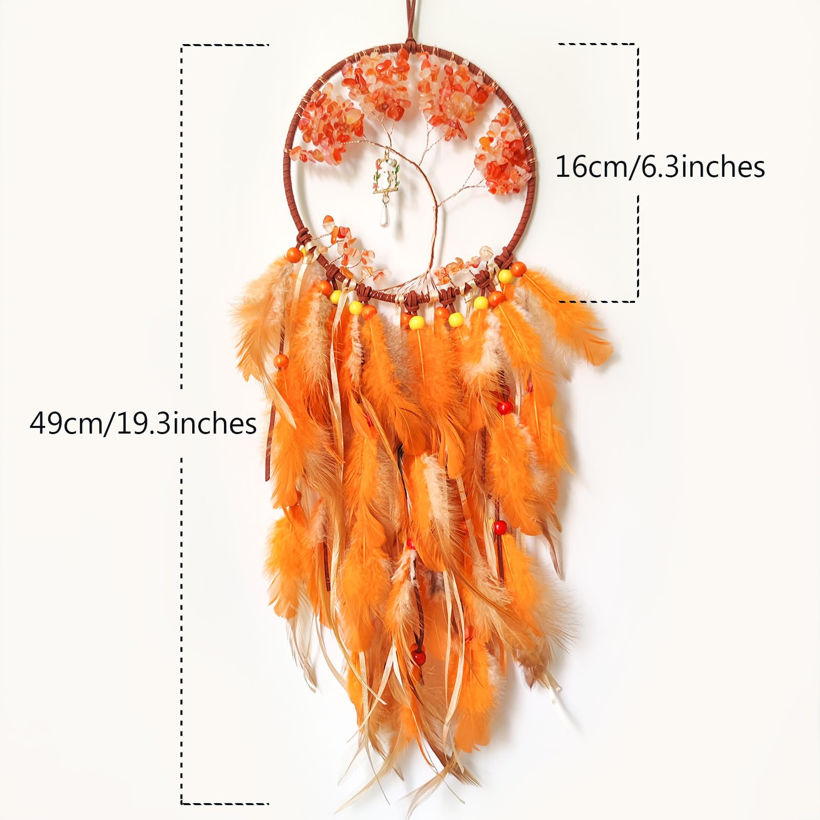 SOYUZU Orange Dream Catcher Wall Decor Crystal Tree of Life Dream Catchers Handmade Feather Dreamcatcher Wall Hanging Ornament for Bedroom Living Room Home Decor