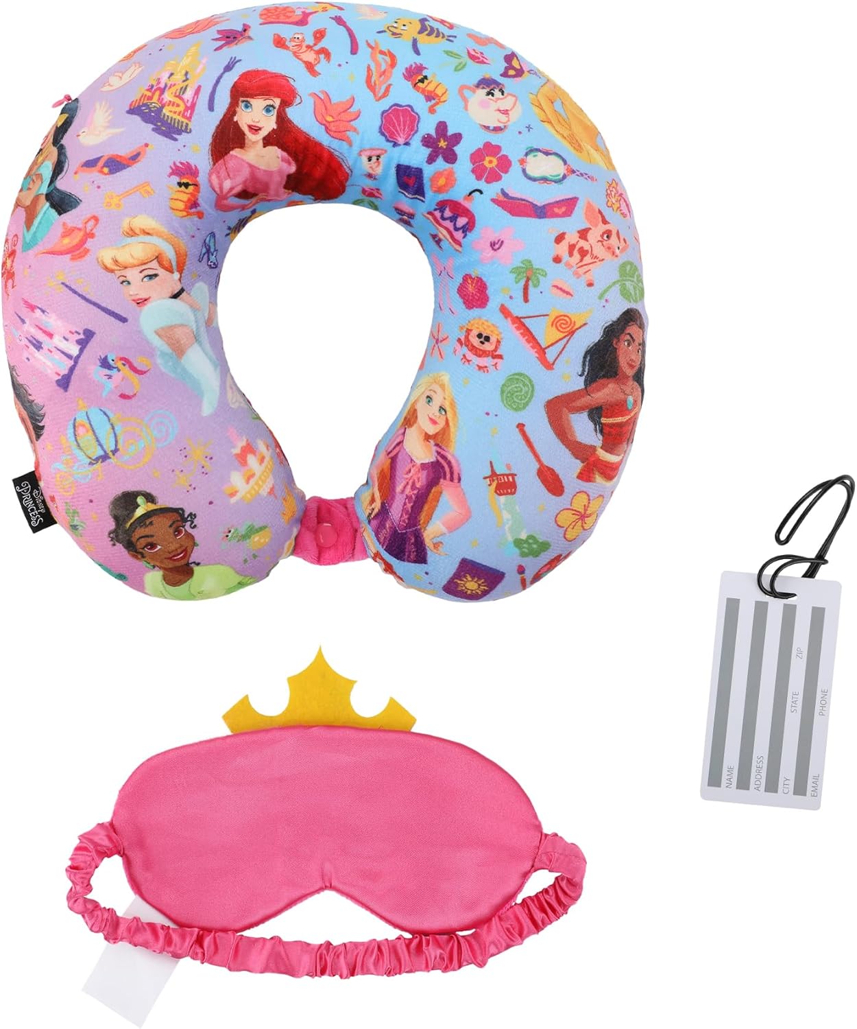 Bioworld Disney Princess 3-Piece Neck Pillow Travel Set with Eye Mask & Luggage Tag