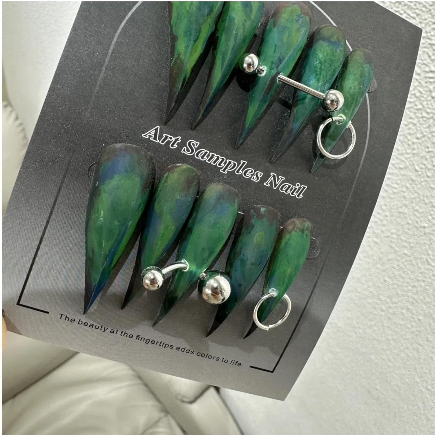 Stiletto Press on Nails Extra Long with Glue Glossy False Nails with Green hand-Painted Designs Handmade Eagle Dragon Cat Claw Unique Reusable Fake Nails