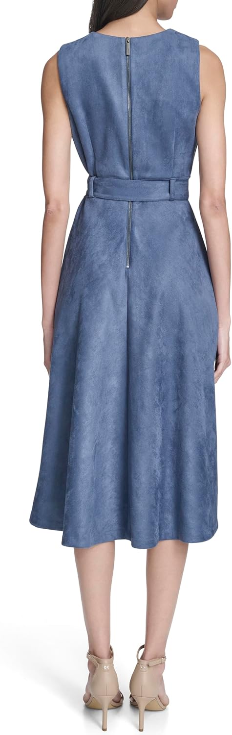 Calvin Klein Womens Sleeveless Round Neck Belted A-line Midi Dress - Image 2