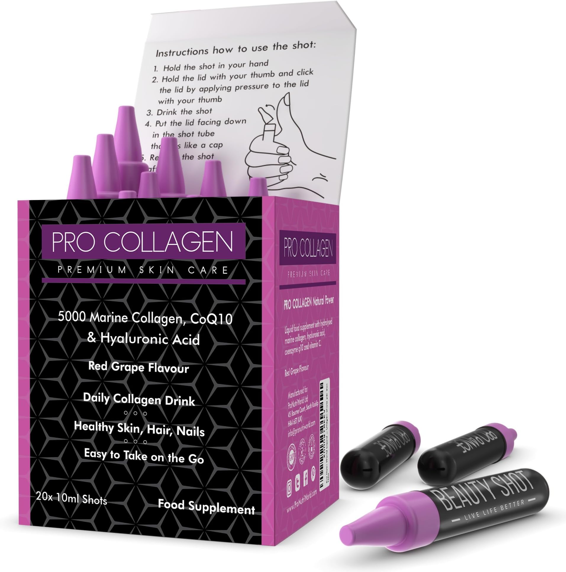 Premium Liquid Marine Collagen Shots 5000mg, Hydrolysed Collagen Peptides with Hyaluronic Acid, CoQ10 & Vitamin B and C, Grape Flavour - Skin, Hair, Nails & Joint Support, Ready-to-Drink